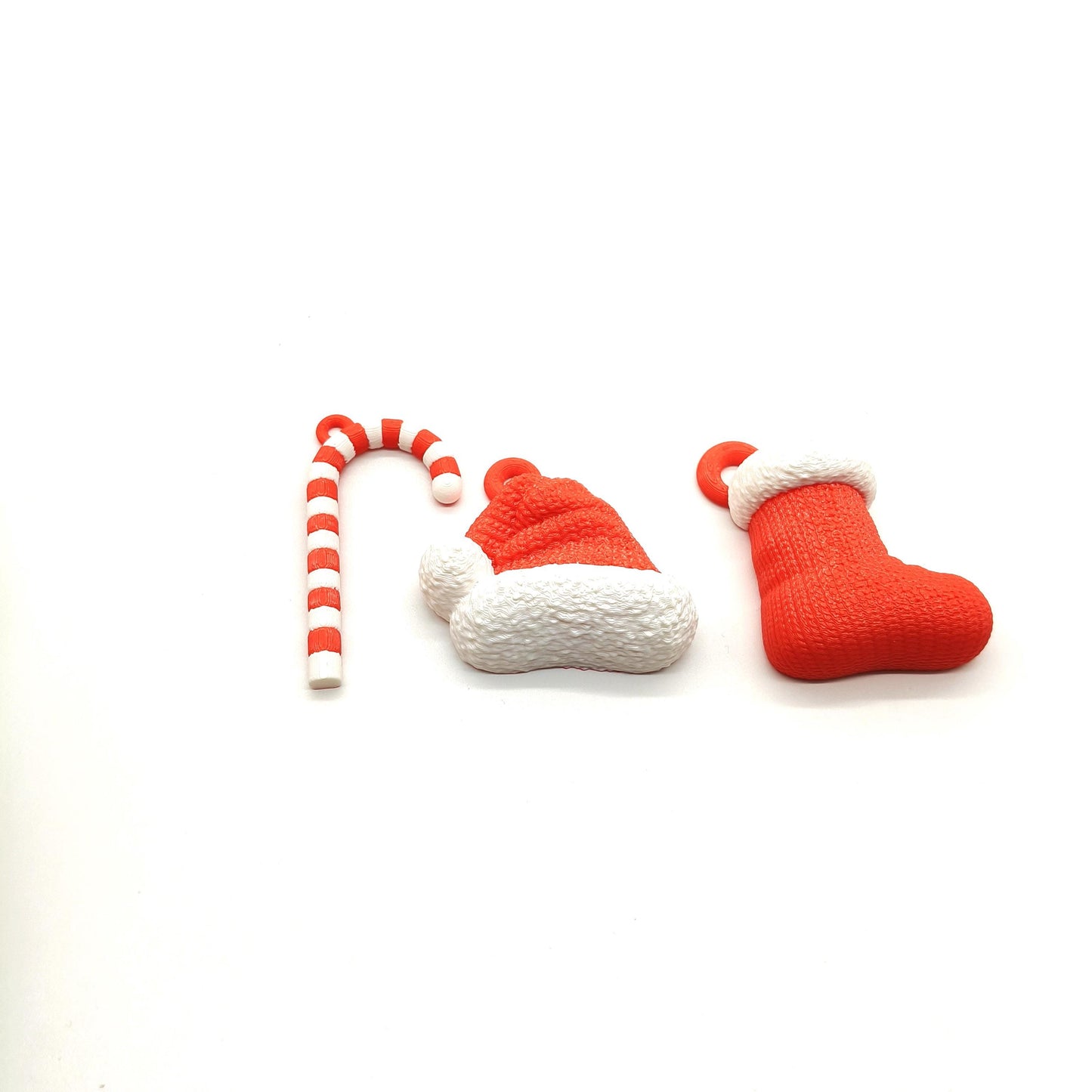 Set of 3 Christmas Decorations - 3D Printed Candy Cane, Santa Hat, and Stocking Ornaments - Festive Holiday Decor