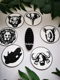 Coaster set (6): lion, leopard, rhinoceros, elephant, buffalo and the map of South Africa | coasters, handmade | The big five