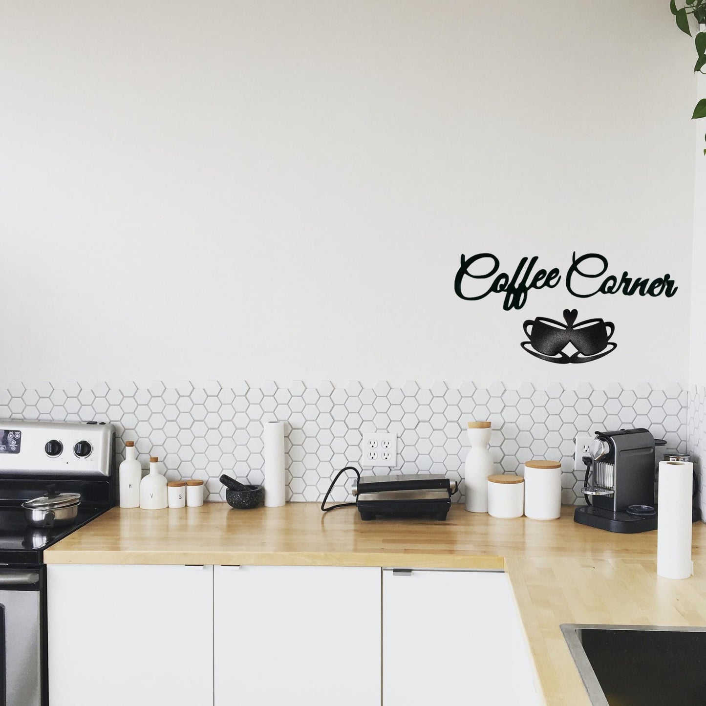 Double Heart Coffee Cup Wall Sign – Perfect for Couples & Coffee Lovers, Kitchens, and Coffee Enthusiasts, Stands on itself too