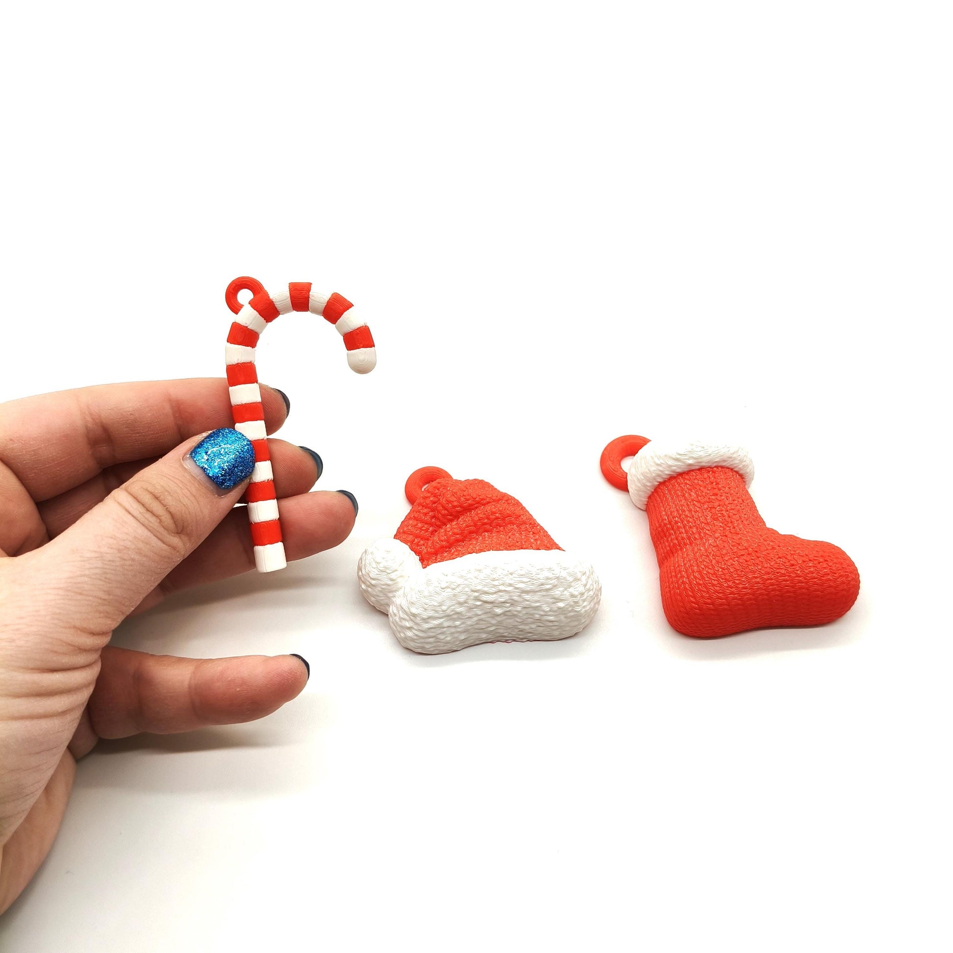 Set of 3 Christmas Decorations - 3D Printed Candy Cane, Santa Hat, and Stocking Ornaments - Festive Holiday Decor