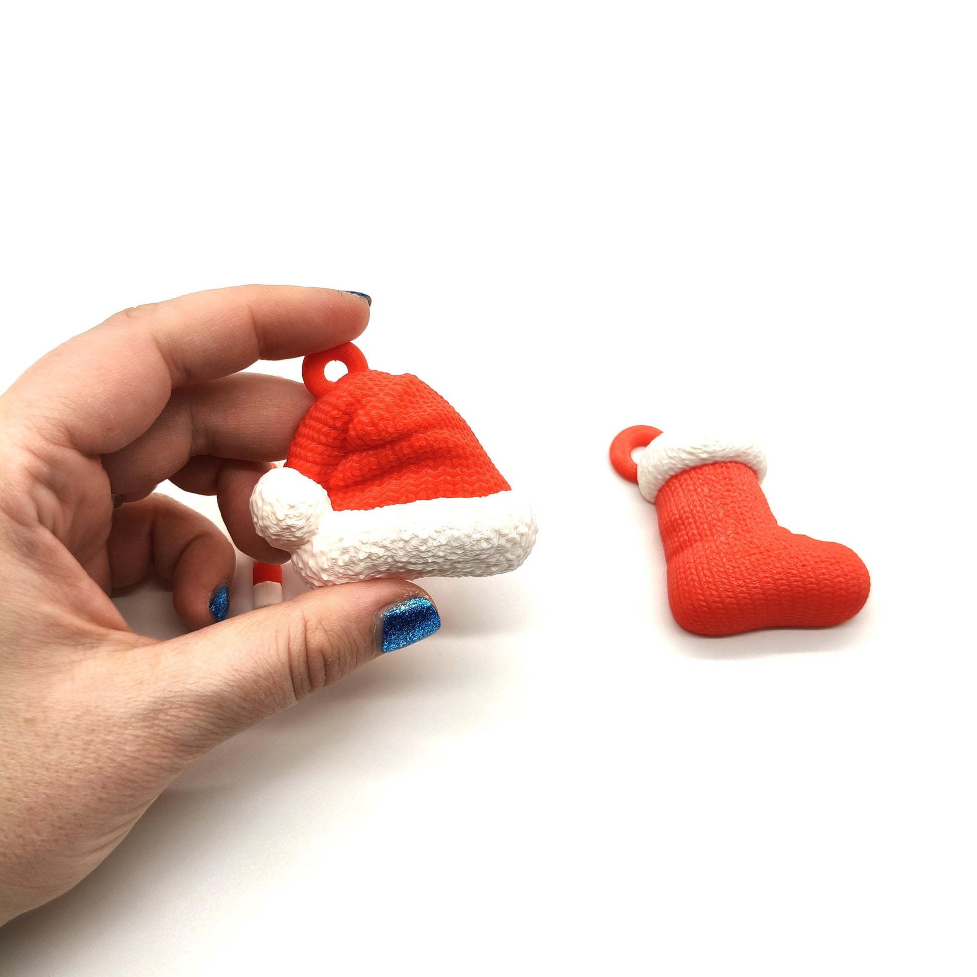 Set of 3 Christmas Decorations - 3D Printed Candy Cane, Santa Hat, and Stocking Ornaments - Festive Holiday Decor