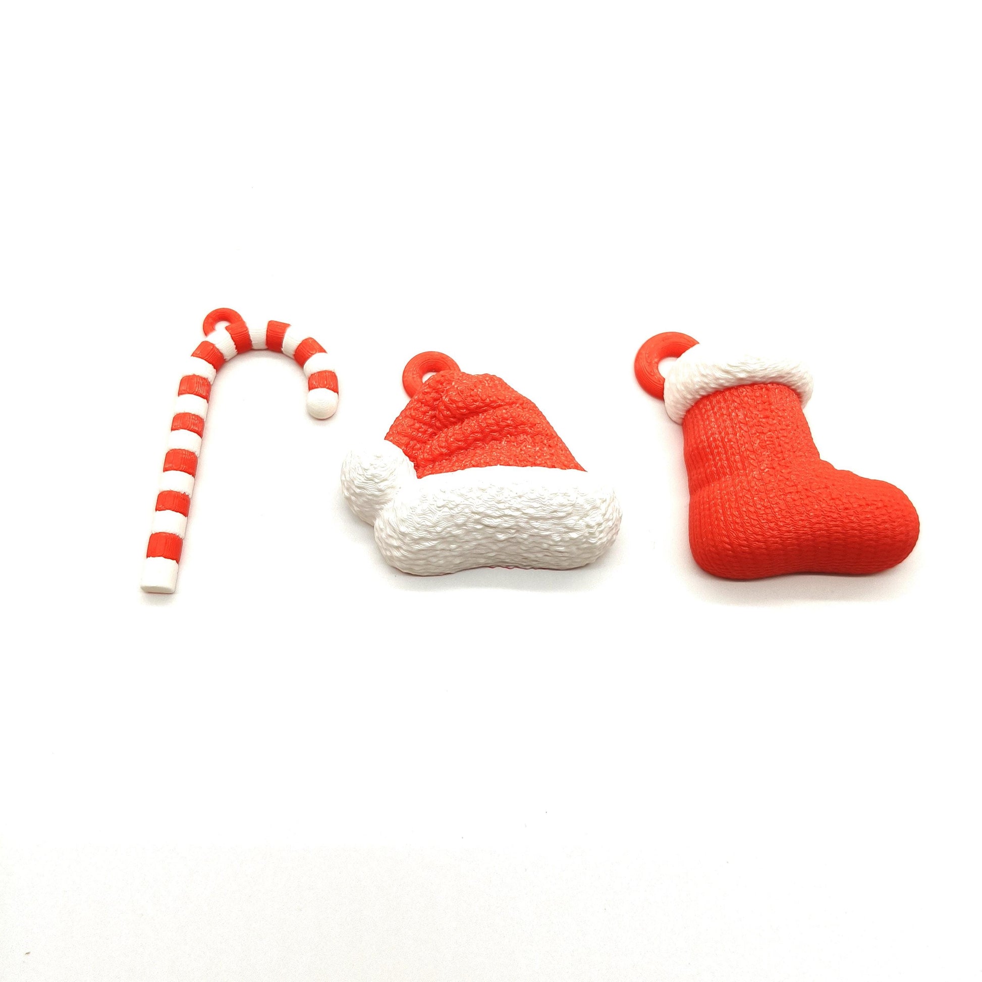 Set of 3 Christmas Decorations - 3D Printed Candy Cane, Santa Hat, and Stocking Ornaments - Festive Holiday Decor