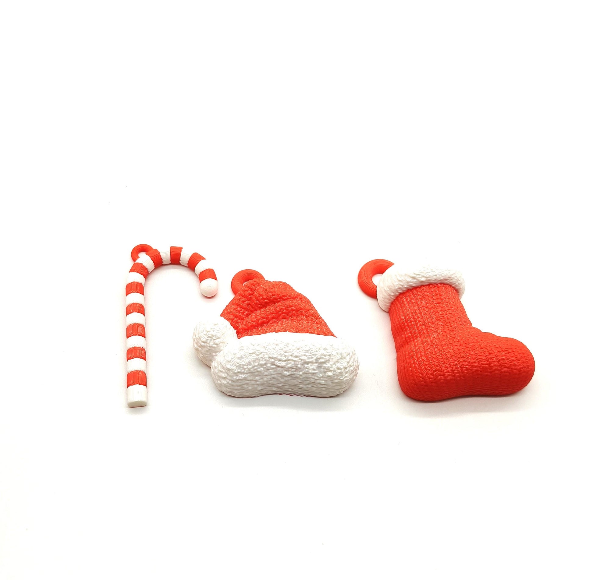 Set of 3 Christmas Decorations - 3D Printed Candy Cane, Santa Hat, and Stocking Ornaments - Festive Holiday Decor