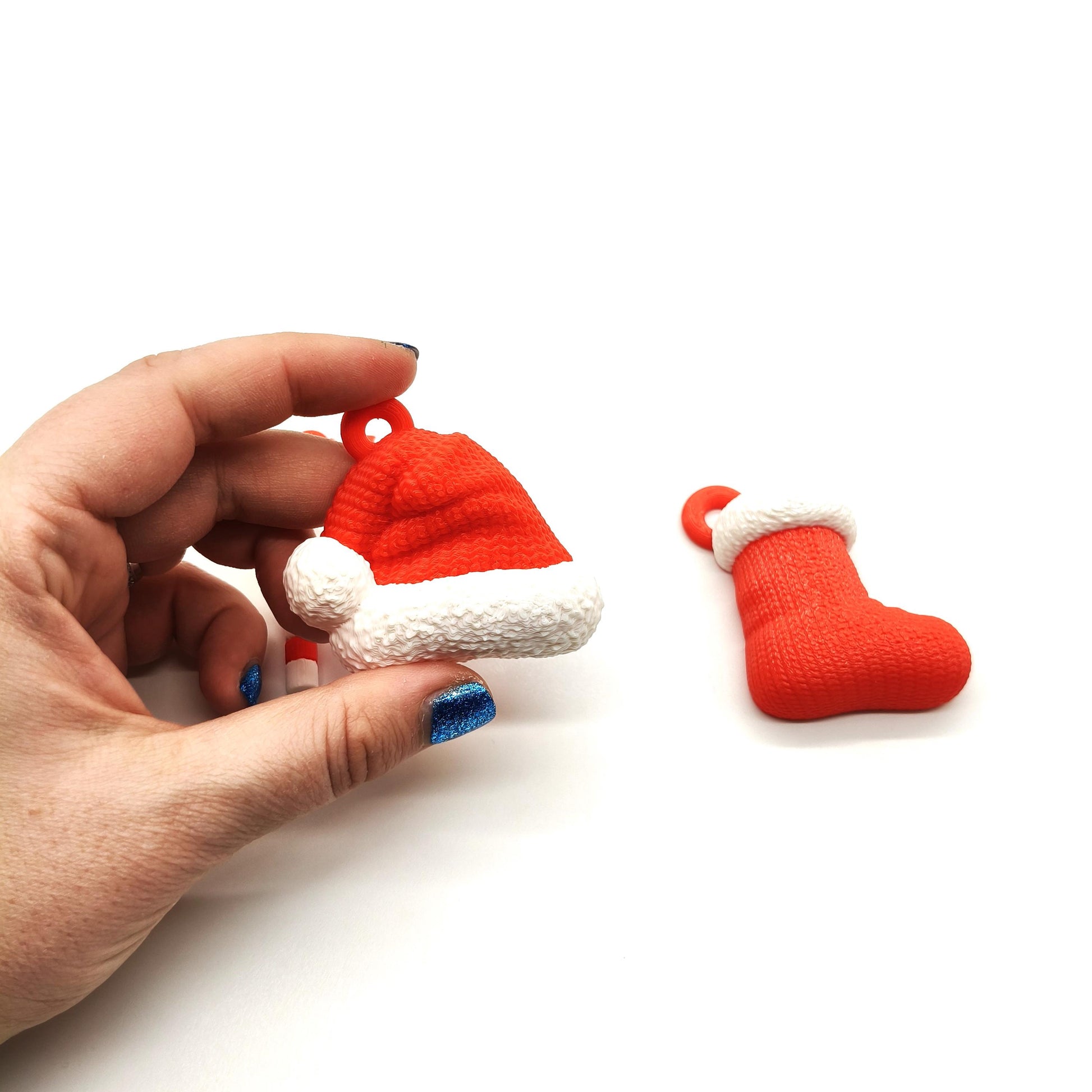 Set of 3 Christmas Decorations - 3D Printed Candy Cane, Santa Hat, and Stocking Ornaments - Festive Holiday Decor