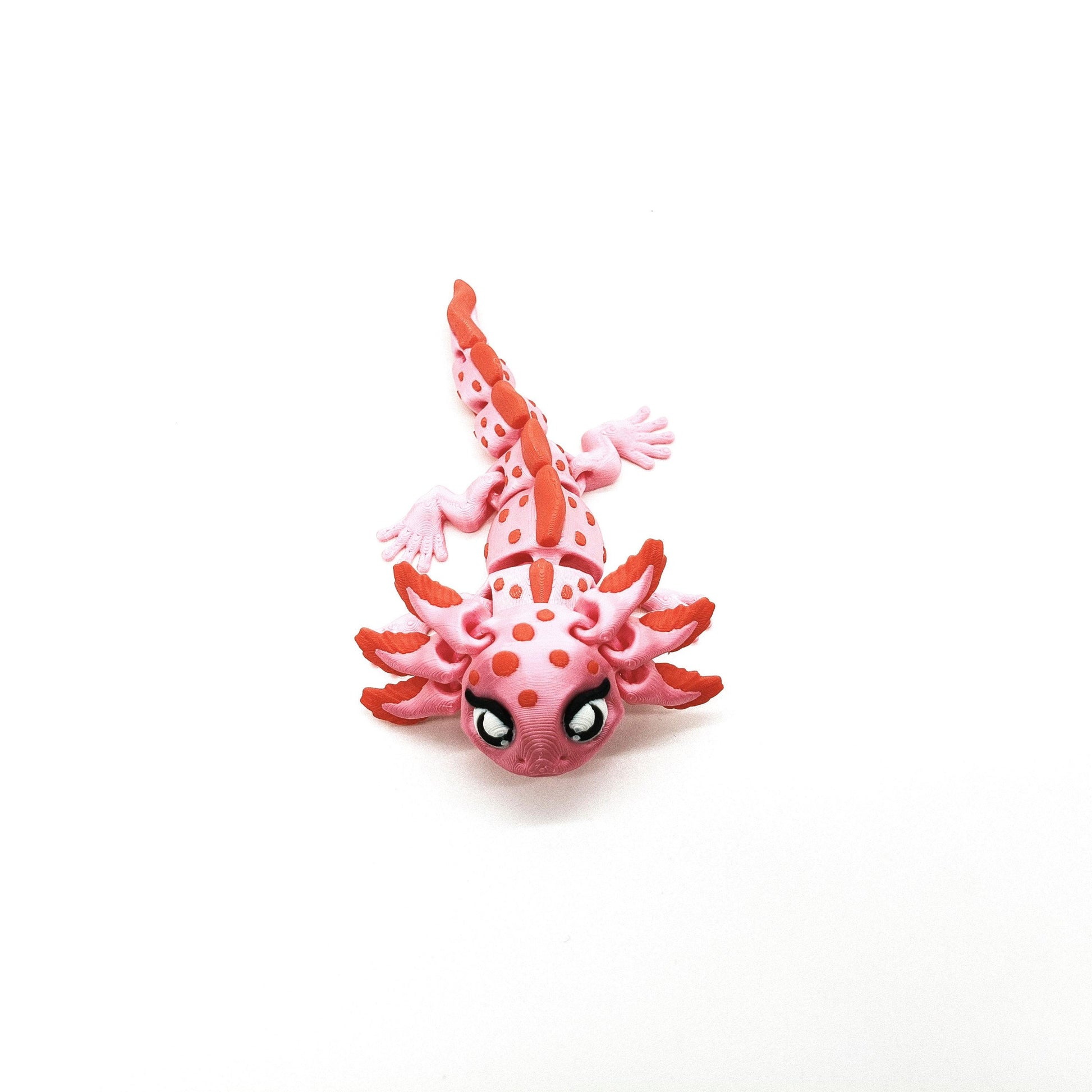 Axolotl-figuur – Roze en rood gevlekte flexibele fidget-axolotl – schattig salamandercadeau voor hem of haar – amfibie verzamelobject voor op het bureau
