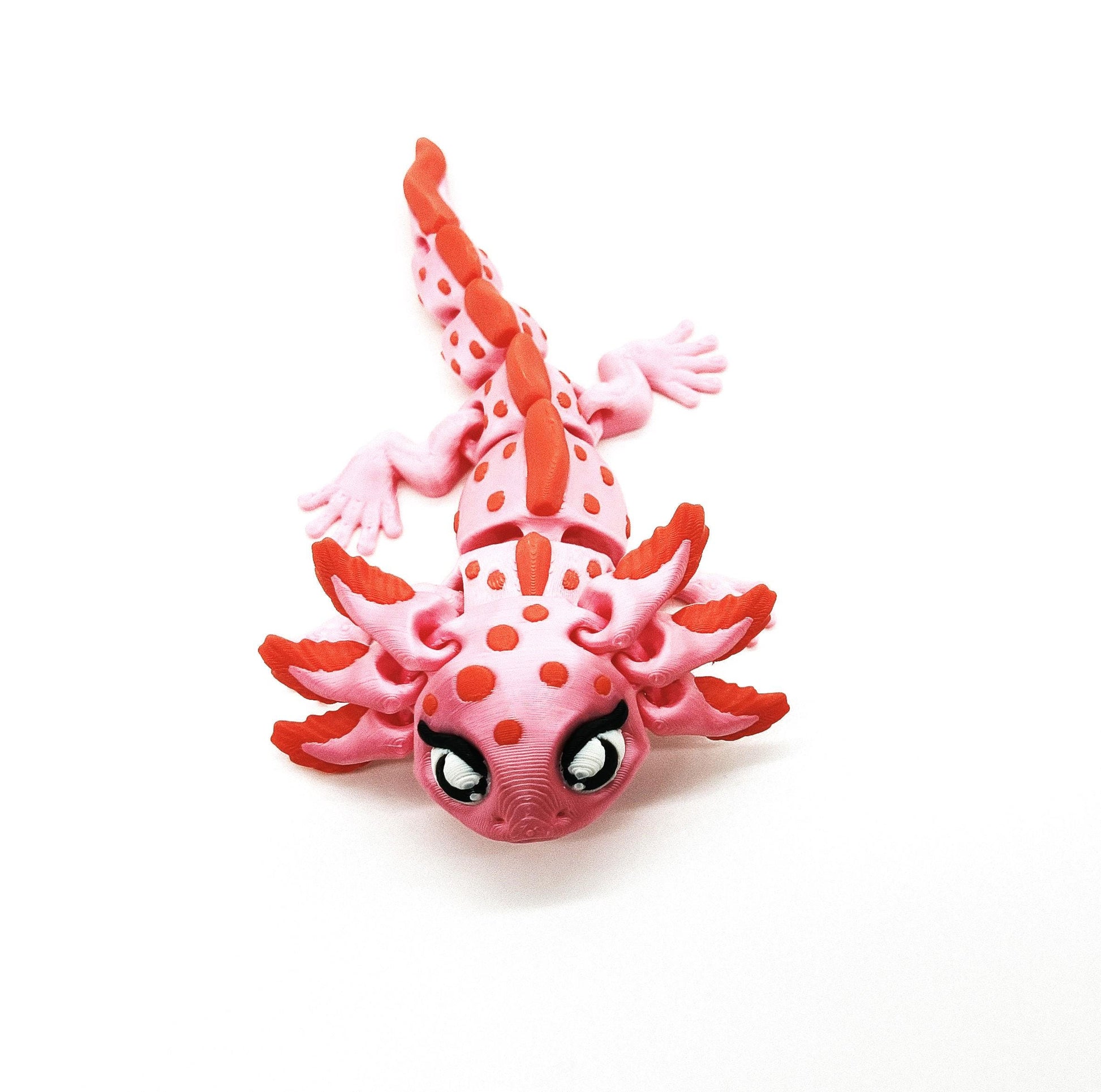 Axolotl-figuur – Roze en rood gevlekte flexibele fidget-axolotl – schattig salamandercadeau voor hem of haar – amfibie verzamelobject voor op het bureau