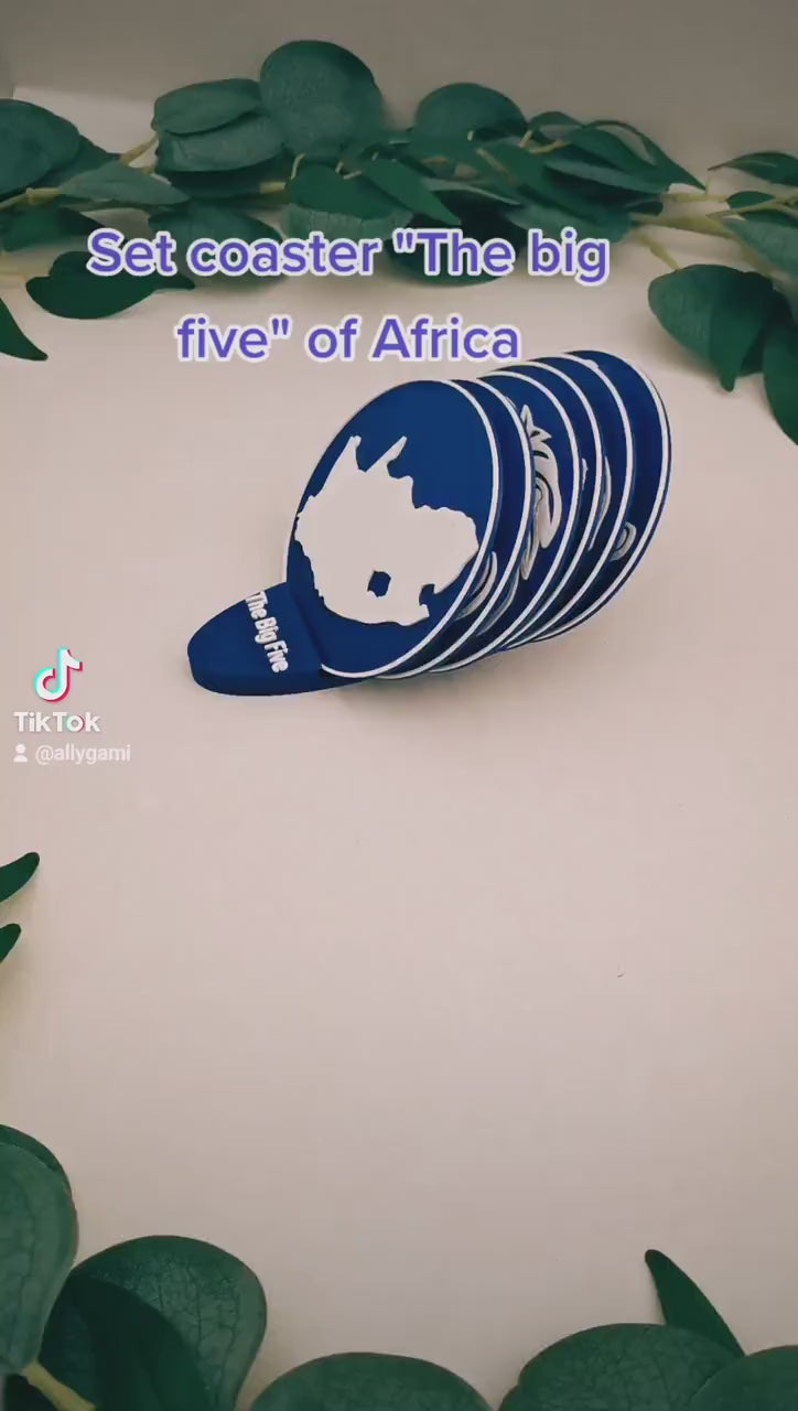 Coaster set (6):  lion, leopard, rhinoceros, elephant, buffalo and the map of South Africa | coasters, handmade | The big five